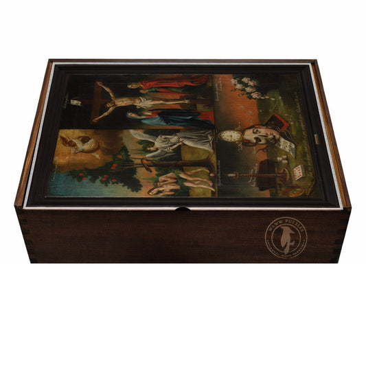 Artisanal wooden puzzle box showcasing Memento mori artwork and Baroque themes