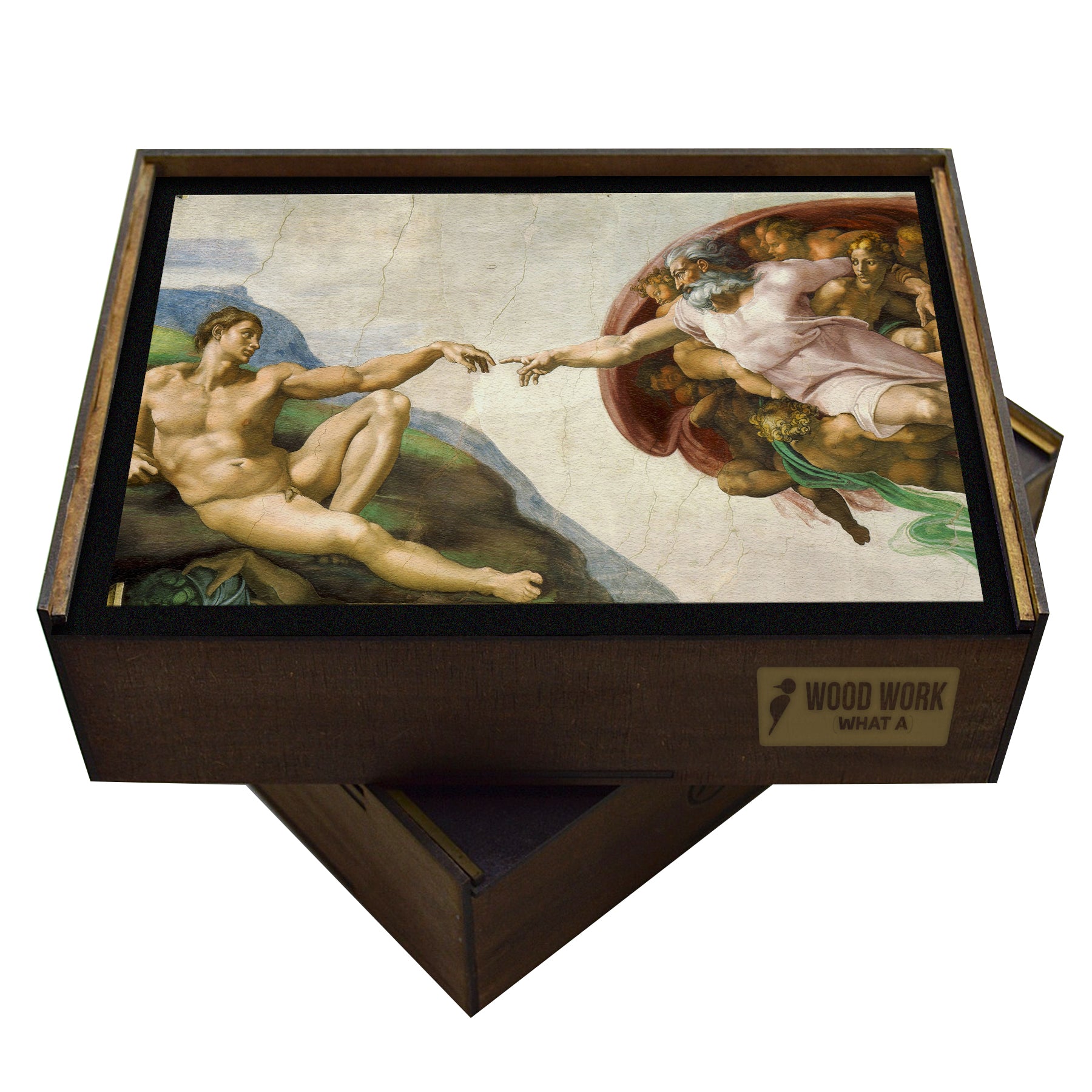 Michelangelo’s ‘The Creation of Adam’ wooden jigsaw puzzle, featuring the iconic Sistine Chapel fresco with Renaissance artistry and biblical themes
