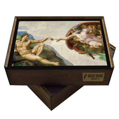 Michelangelo’s ‘The Creation of Adam’ wooden jigsaw puzzle, featuring the iconic Sistine Chapel fresco with Renaissance artistry and biblical themes