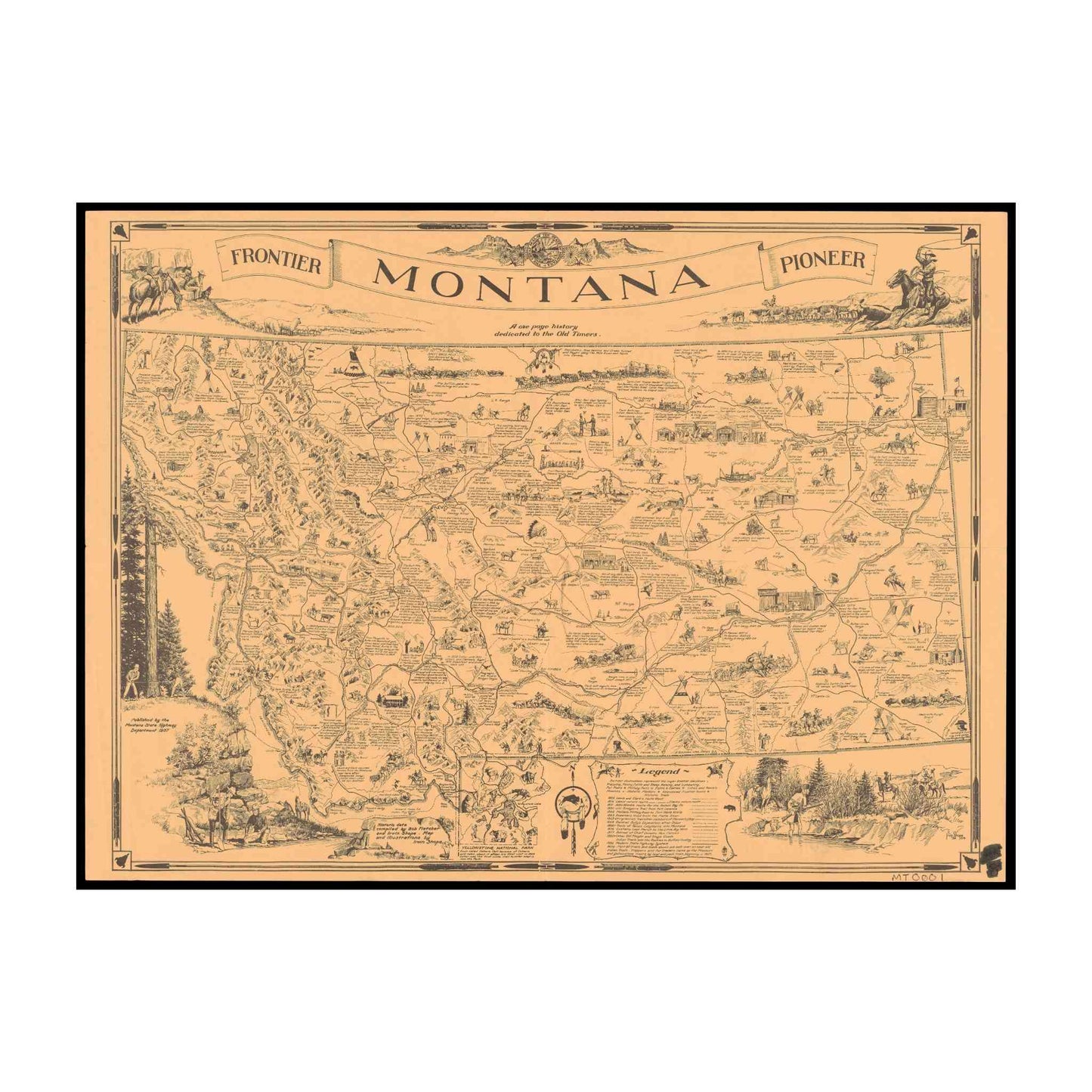 Irvin Shope's Montana map with detailed historical routes and figures in vibrant colors