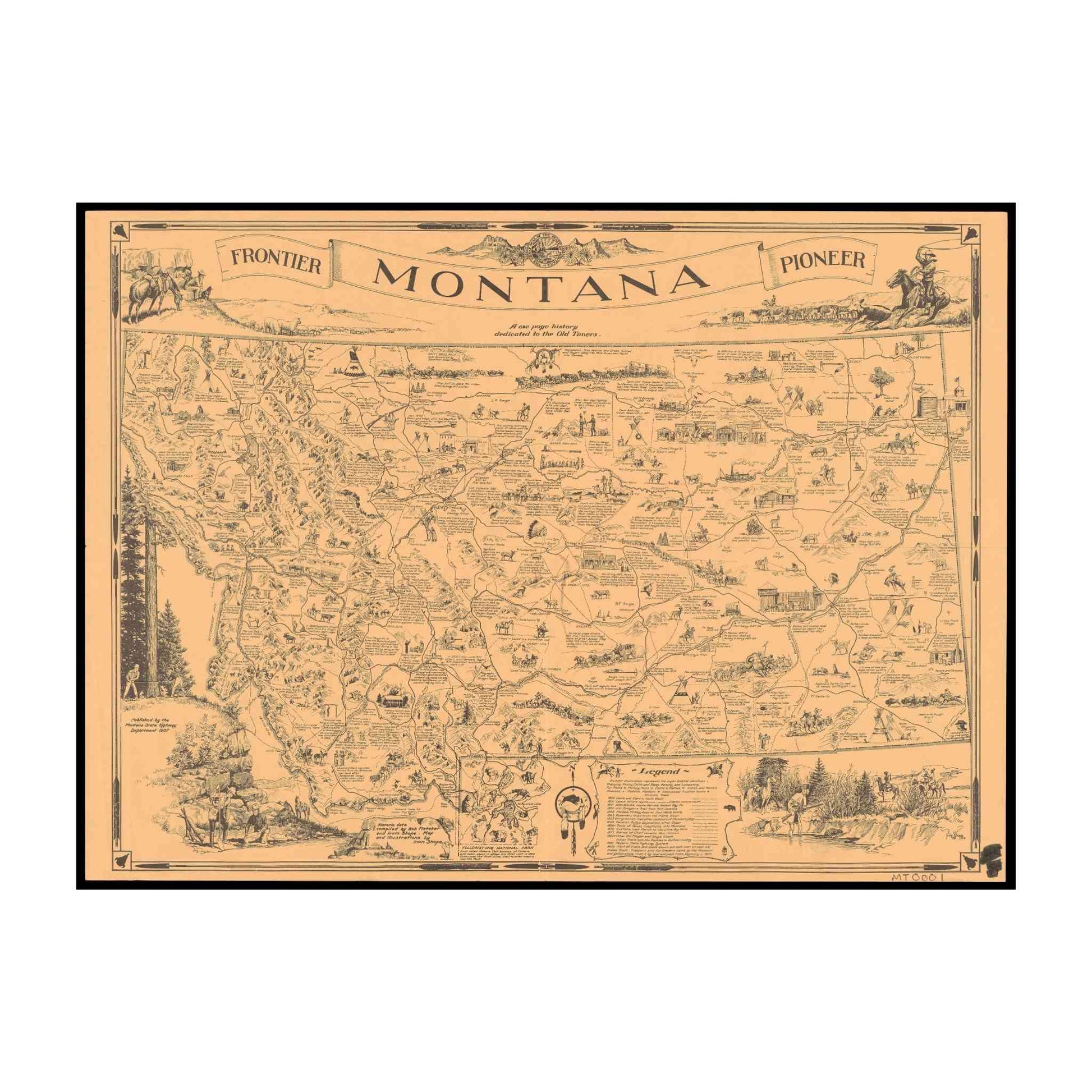 Irvin Shope's Montana map with detailed historical routes and figures in vibrant colors