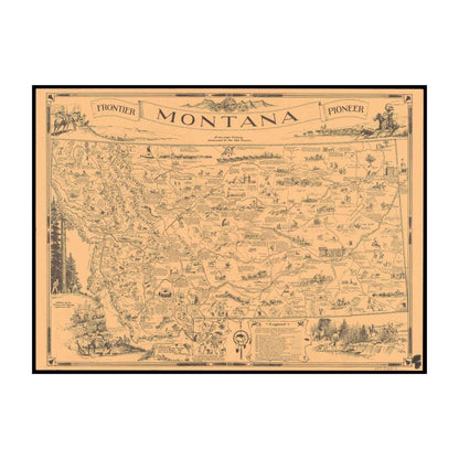 Irvin Shope's Montana map with detailed historical routes and figures in vibrant colors
