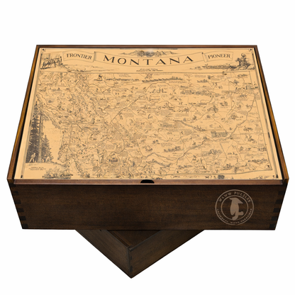 Puzzle box featuring Irvin Shope's Montana map design with colorful historical imagery