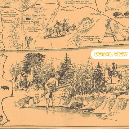 Map with historical illustrations of Native Americans and settlers in Montana, featuring a detailed view of a man with a gun by a stream.