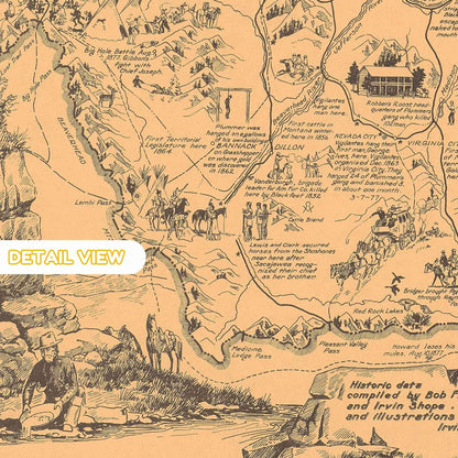 Detailed sketches of fur trappers and cattle drives illustrating the frontier spirit. Montana vintage map details.