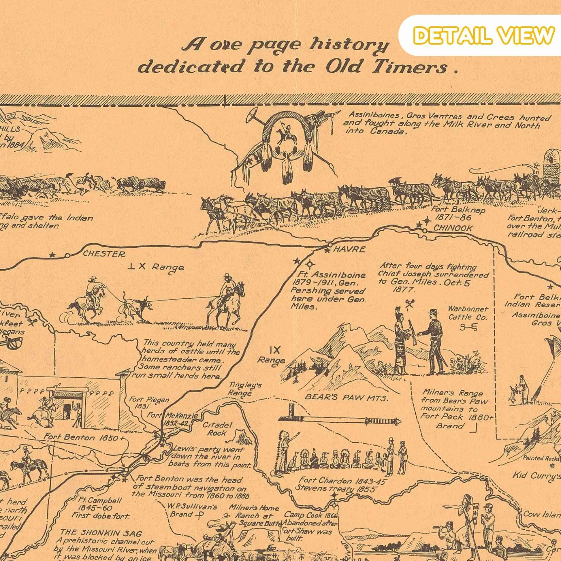 Map with historical illustrations and text detailing the history of Old Timers, with a focus on a one-page history section. Montana history in puzzle form.