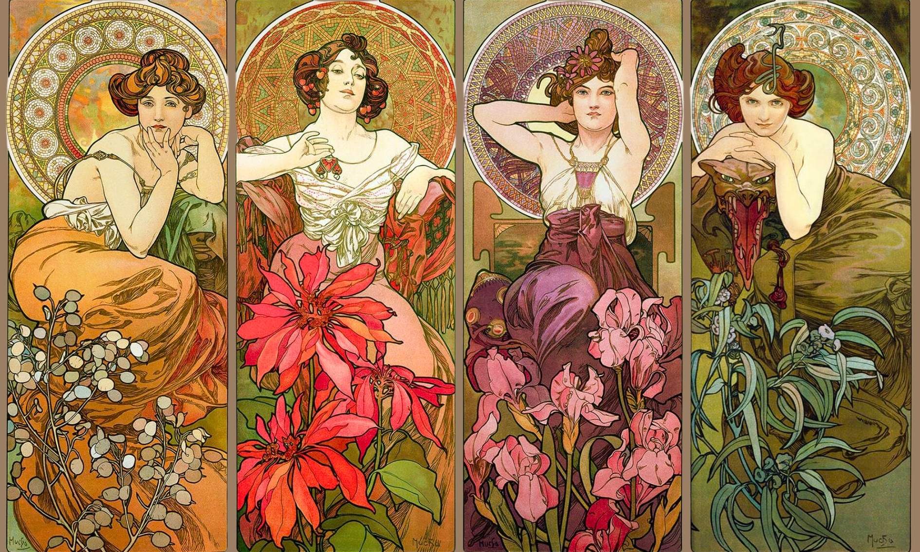 Alphonse Mucha's Precious Stones depicting elegant figures with jeweled halos and floral backgrounds
