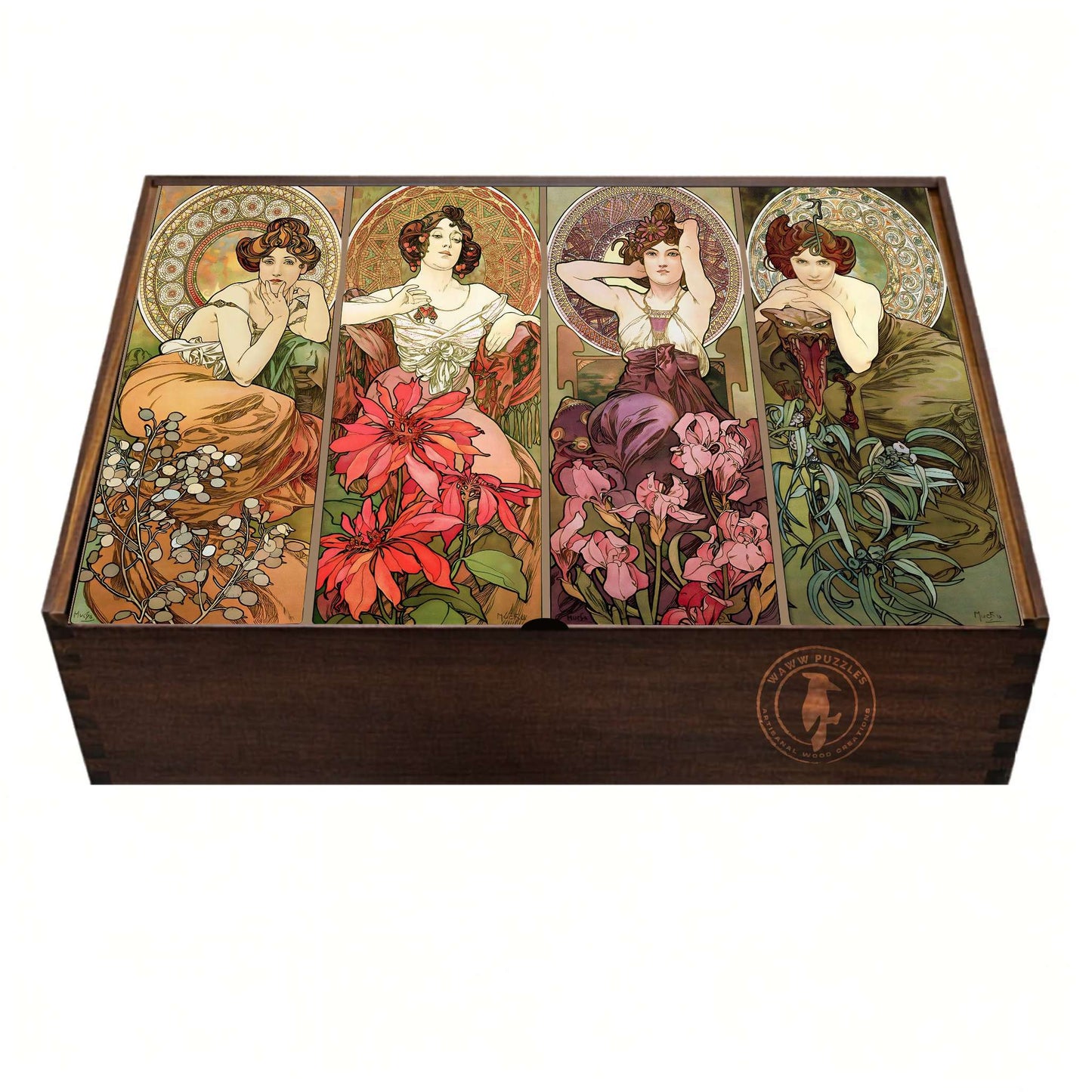 Elegant wooden puzzle box featuring Alphonse Mucha's Precious Stones artwork