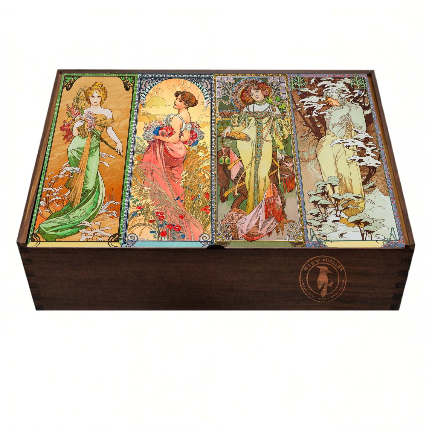 Premium wooden puzzle box featuring Alphonse Mucha's 'Seasons' artwork with intricate detailing