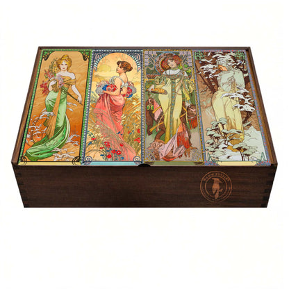Premium wooden puzzle box featuring Alphonse Mucha's 'Seasons' artwork with intricate detailing