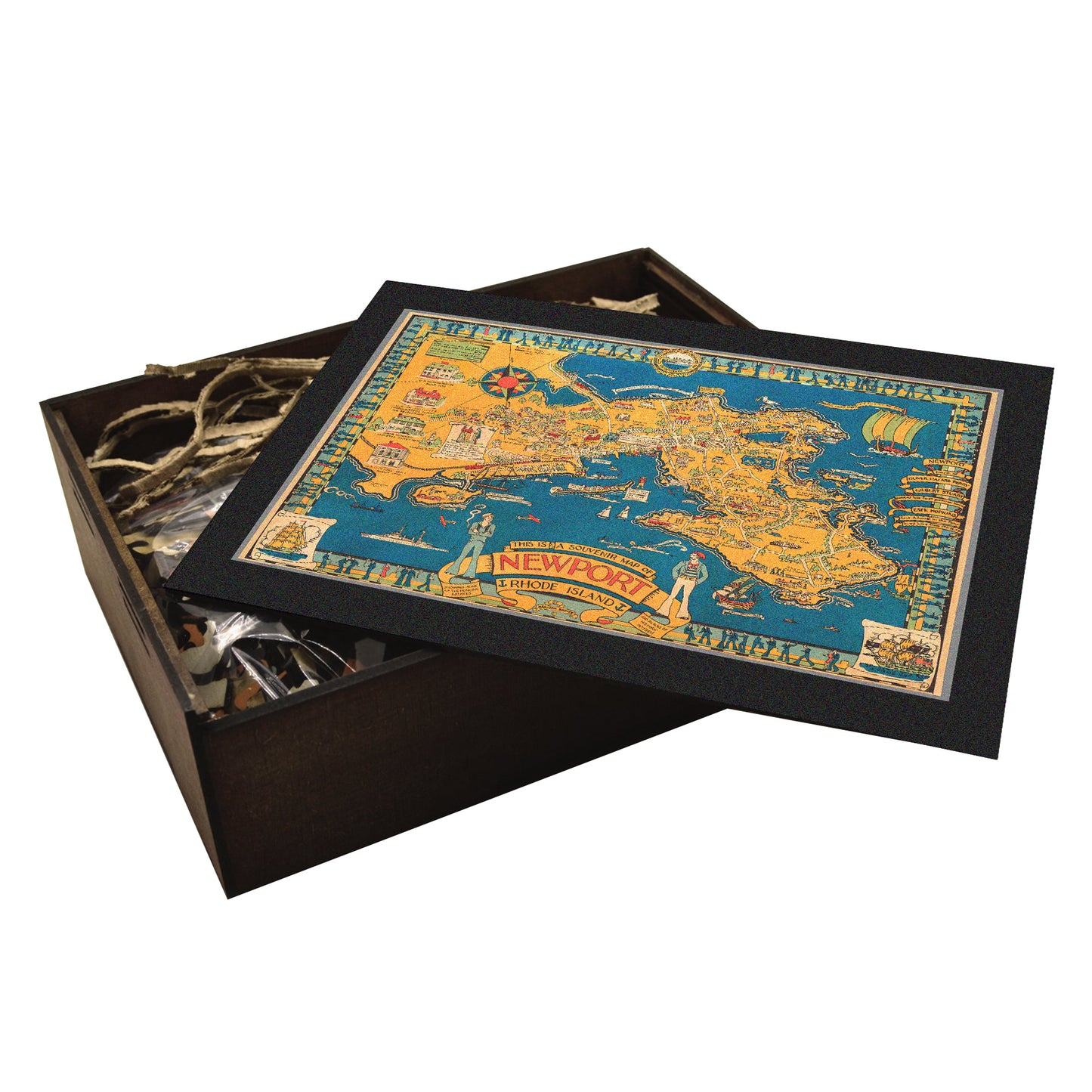 Newport RI souvenir map puzzle. Coastal charm, whimsical, handcrafted box