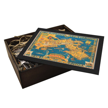Newport RI souvenir map puzzle. Coastal charm, whimsical, handcrafted box