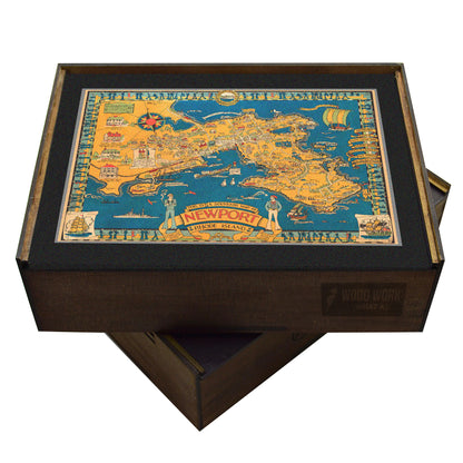 Newport RI souvenir map puzzle. Coastal charm, whimsical, handcrafted.