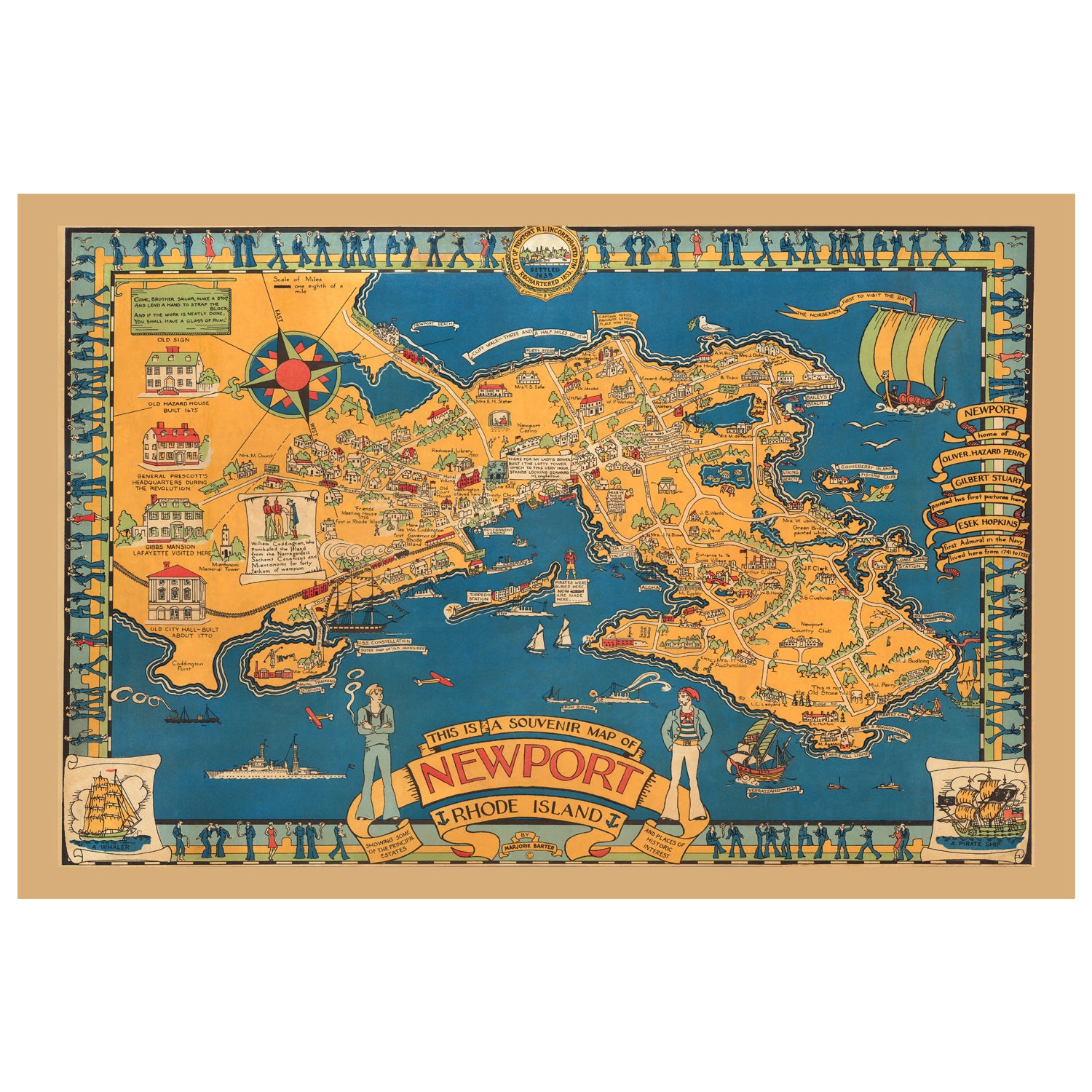 Vintage pictorial map of Newport RI souvenir map puzzle. Coastal charm, whimsical, handcrafted.