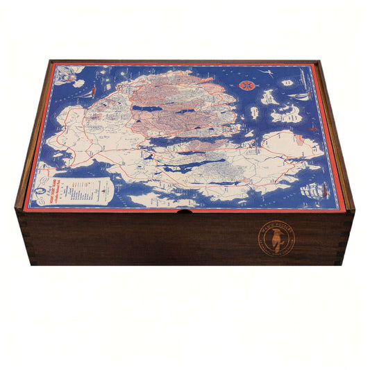 Wooden jigsaw puzzle box featuring a 1938 map of Acadia in artisan packaging