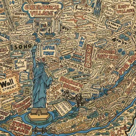 Collectible wooden puzzle of a vintage pictorial map of New York City, ingeniously shaped like the United States