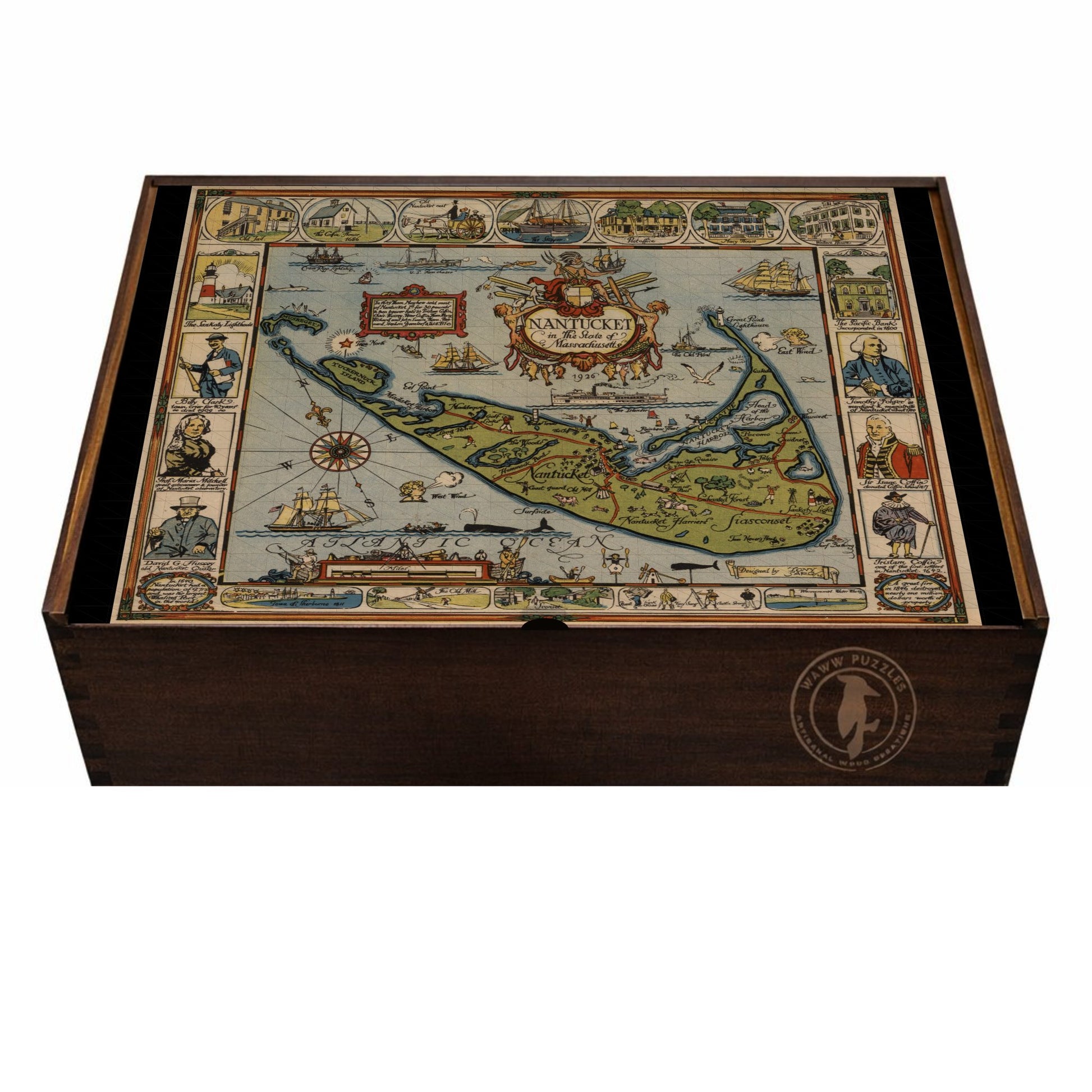 Wooden puzzle box featuring Tony Sarg's Nantucket map in vibrant colors.