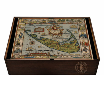 Wooden puzzle box featuring Tony Sarg's Nantucket map in vibrant colors.