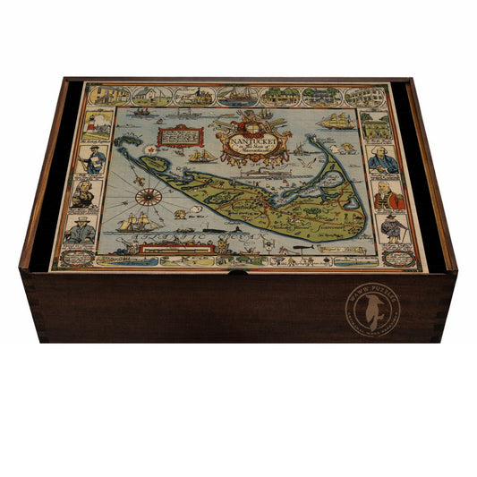 Wooden puzzle box featuring Tony Sarg's Nantucket map in vibrant colors.