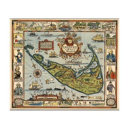 A whimsical 1930s map of Nantucket with vibrant colors, sea motifs, and landmarks.