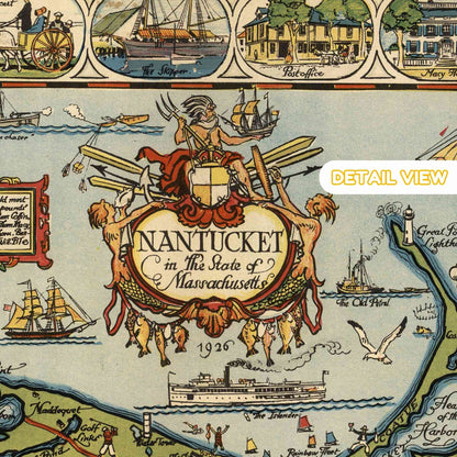 Vintage map detail of Nantucket, Massachusetts with ships and coastal scenes.