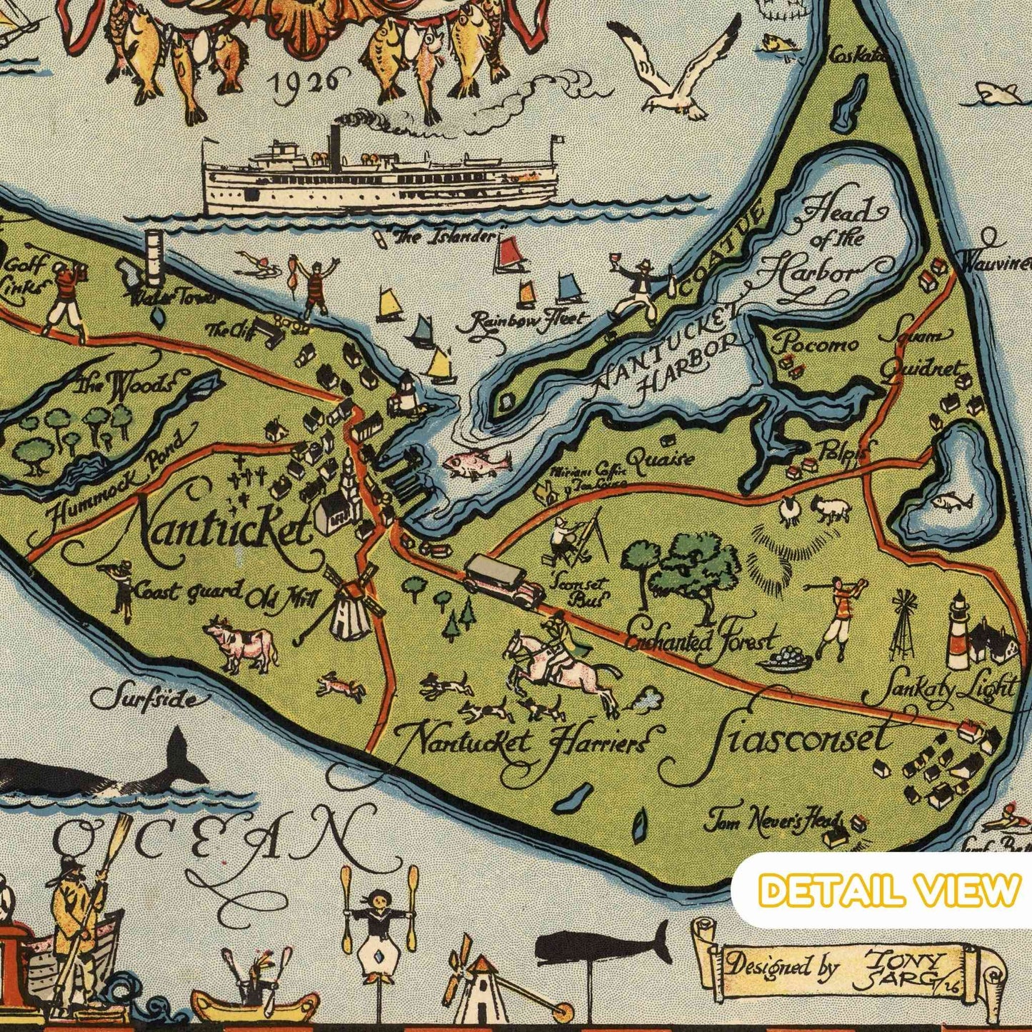 Detail showing colorful sailing vessels and historical vignettes of Nantucket.