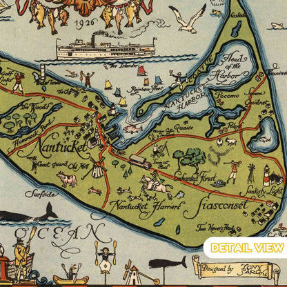 Detail showing colorful sailing vessels and historical vignettes of Nantucket.