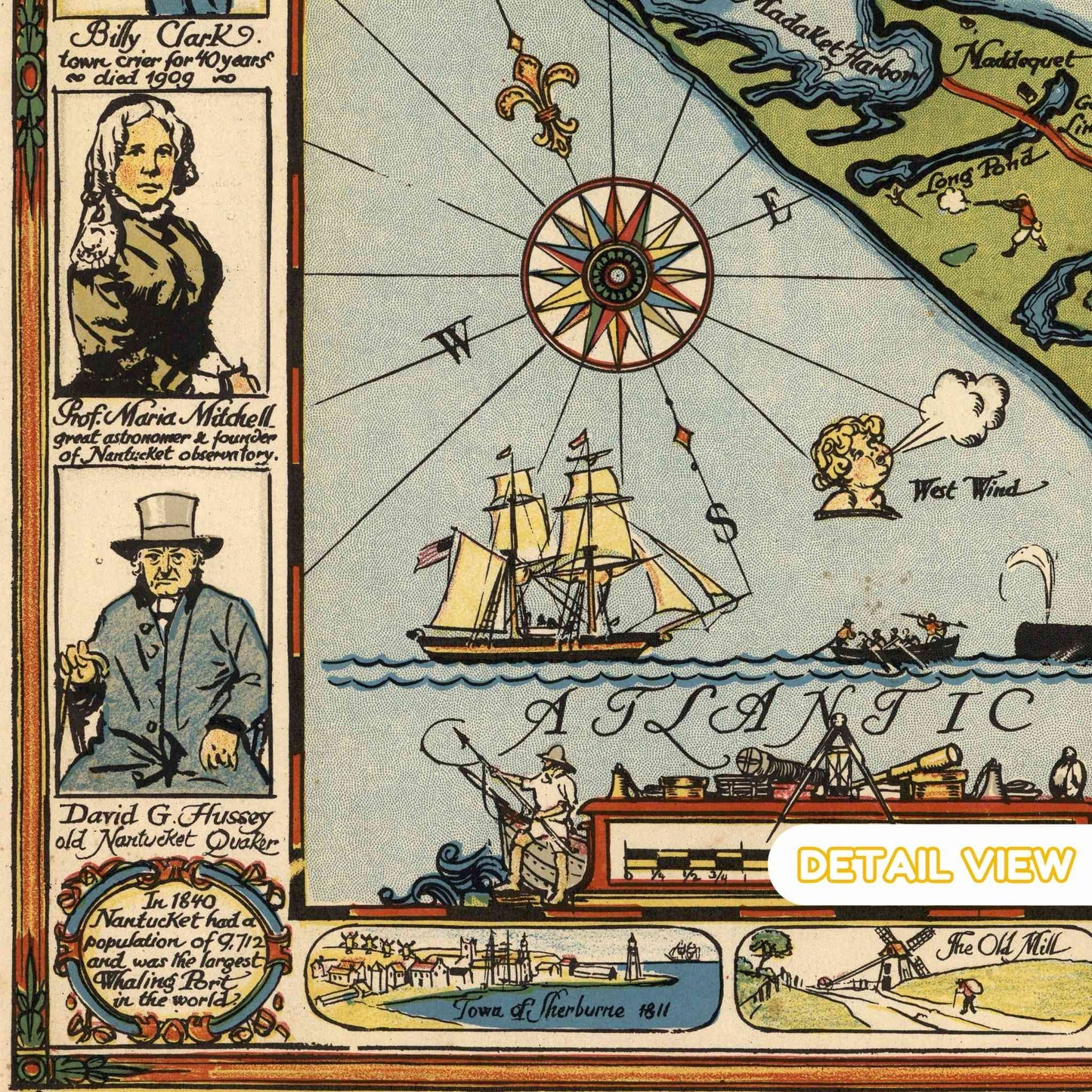 Detail of nantucket harbor with lighthouses boats and historic buildings from nantucket massachusetts colorful pictorial map+