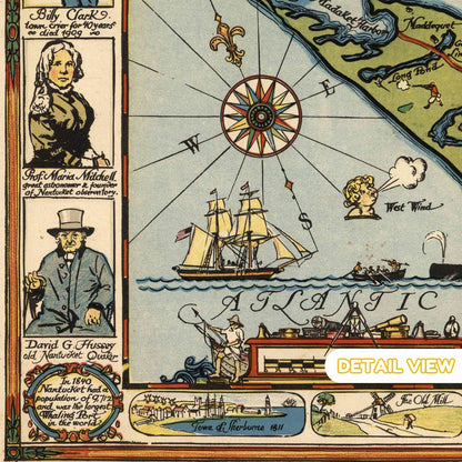 Detail of nantucket harbor with lighthouses boats and historic buildings from nantucket massachusetts colorful pictorial map+