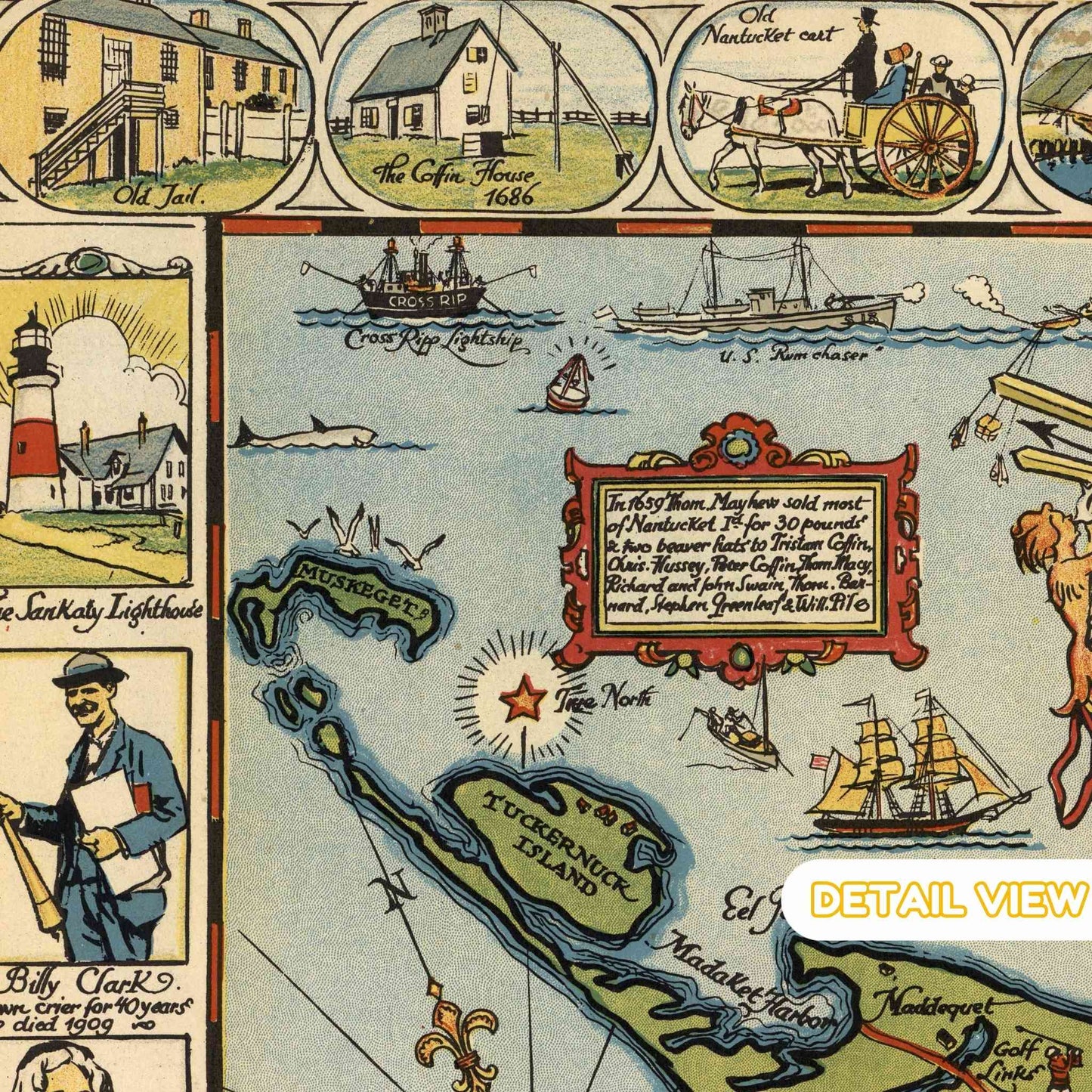 Detail of nantucket harbor with lighthouses boats and historic buildings from nantucket massachusetts colorful pictorial map