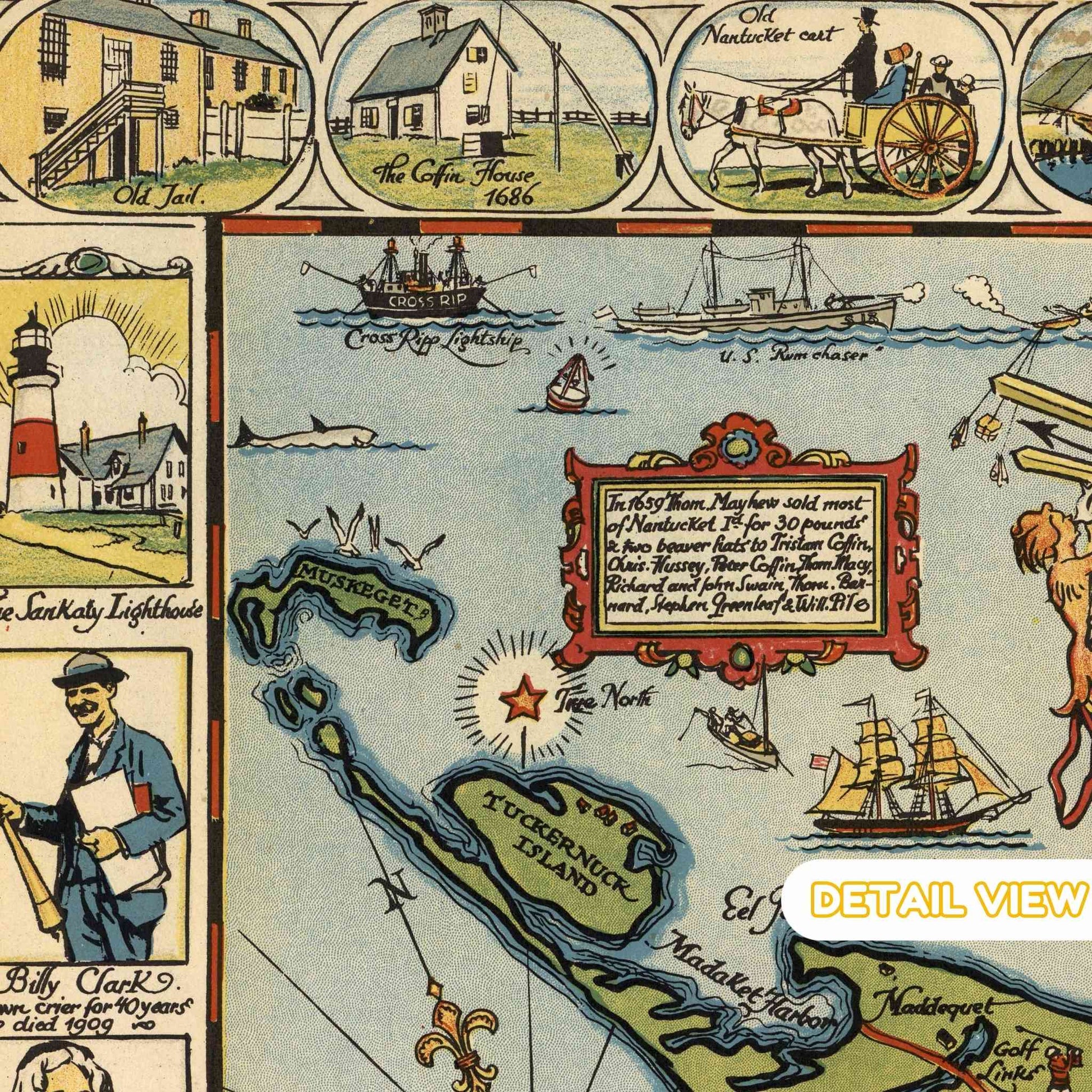 Detail of nantucket harbor with lighthouses boats and historic buildings from nantucket massachusetts colorful pictorial map
