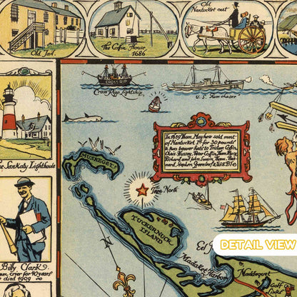 Detail of nantucket harbor with lighthouses boats and historic buildings from nantucket massachusetts colorful pictorial map