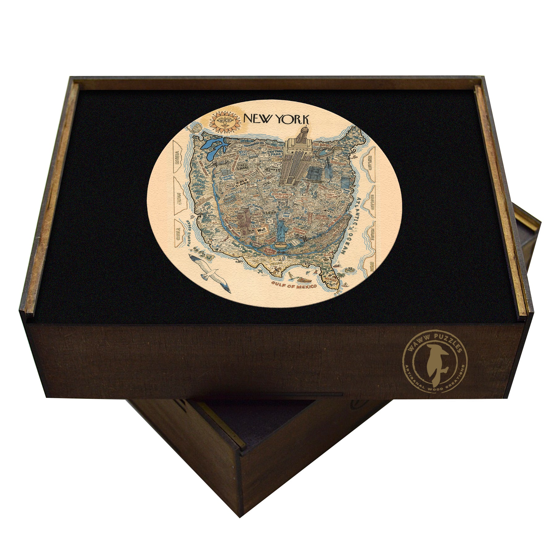 A high-quality wooden jigsaw puzzle of a humorous New York City cartoon map, featuring exaggerated landmarks and a playful distortion of the United States. Comes in a handmade wooden keepsake box.