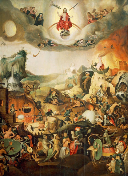 WAWW wooden puzzle. Artwork by Peter Huys titled The Last Judgment. A detailed religious painting depicting a chaotic underworld scene with numerous figures, fiery landscapes, and a central figure in red robes floating above on a cloud, holding a staff and sword.