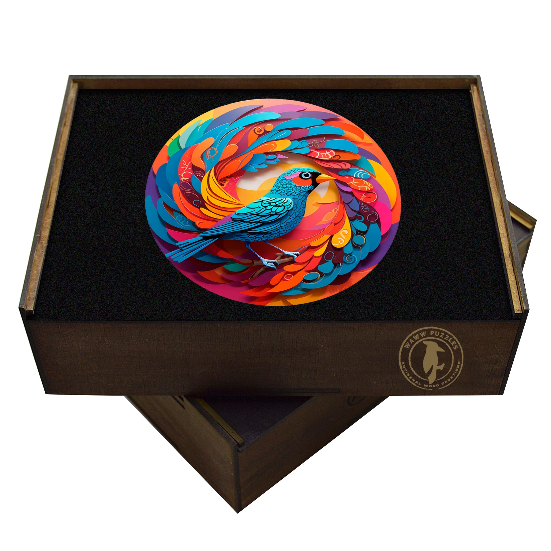 Handcrafted wooden box of a Colorful Bird Round Wooden Puzzle: Stylized blue bird with layered, vibrant plumage, perched on a branch, set against a colorful, circular abstract background. Wooden jigsaw puzzle.