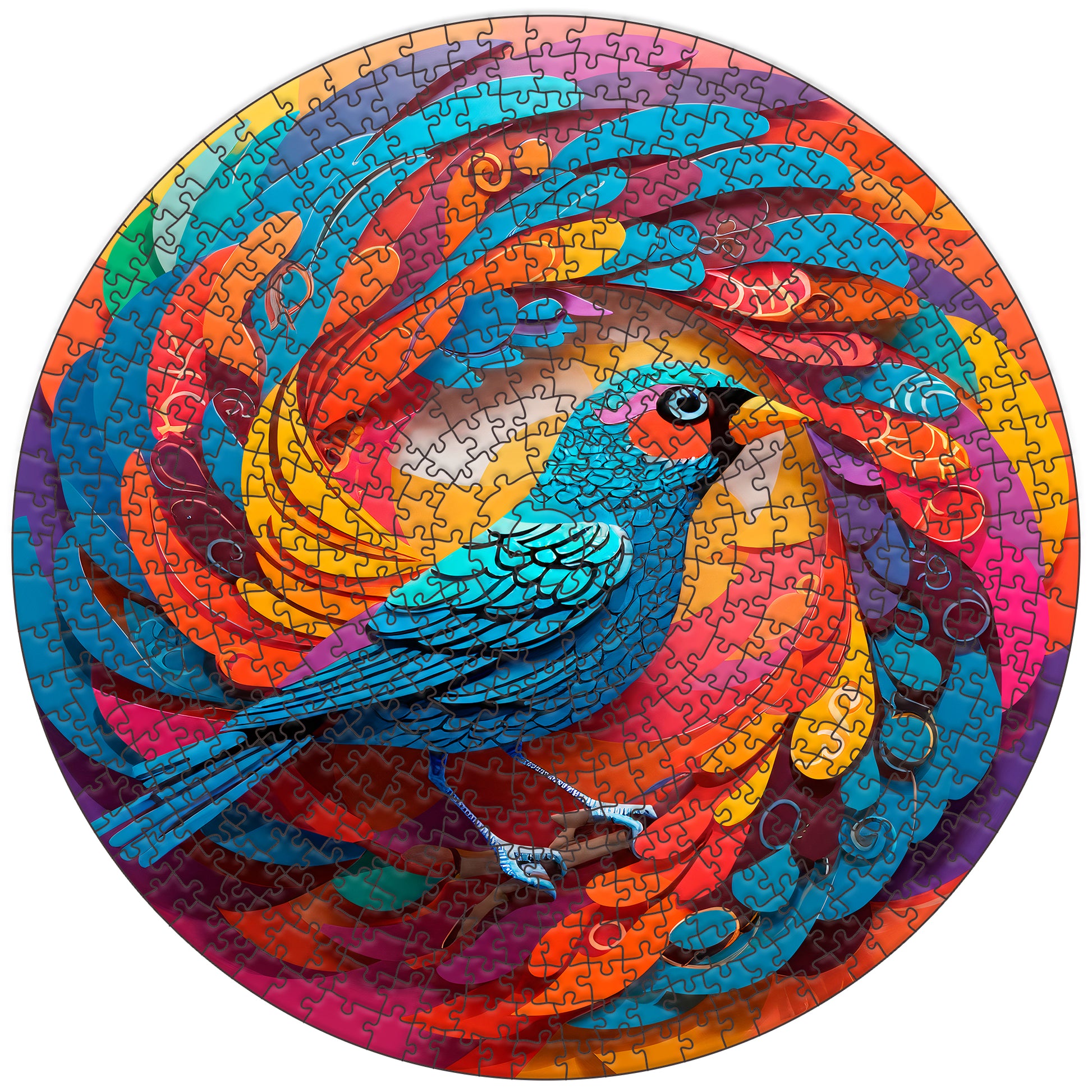 Colorful Bird Round Wooden Puzzle: Stylized blue bird with layered, vibrant plumage, perched on a branch, set against a colorful, circular abstract background. Wooden jigsaw puzzle.