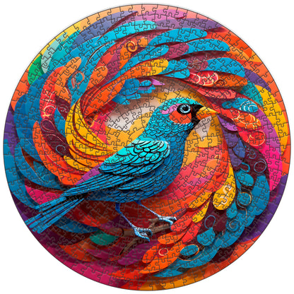 Colorful Bird Round Wooden Puzzle: Stylized blue bird with layered, vibrant plumage, perched on a branch, set against a colorful, circular abstract background. Wooden jigsaw puzzle.