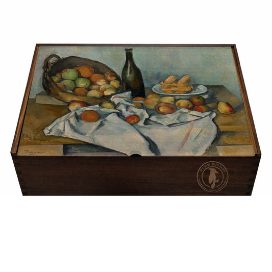 Elegant wooden puzzle box featuring Cézanne's vibrant still life artwork.