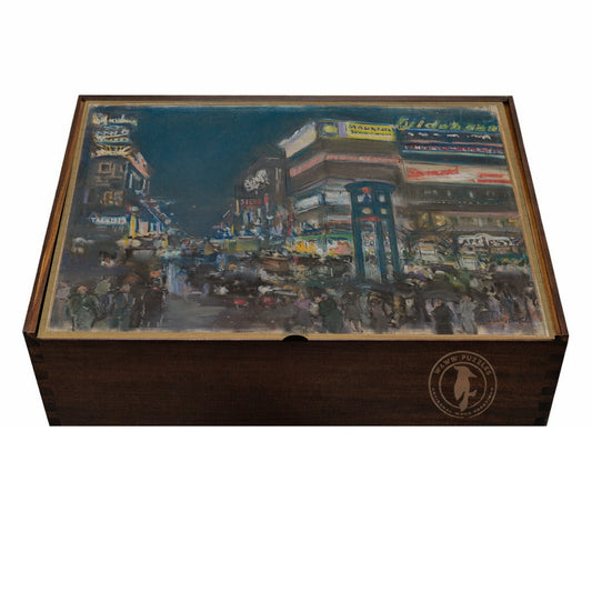 High-quality wooden puzzle box featuring Paeschke's Potsdamer Platz, bei Nacht, um 1929 artwork.