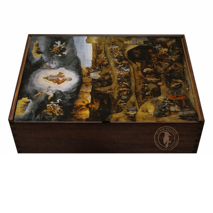 Elegant wooden puzzle box featuring Pieter Huys' The Last Judgment artwork.