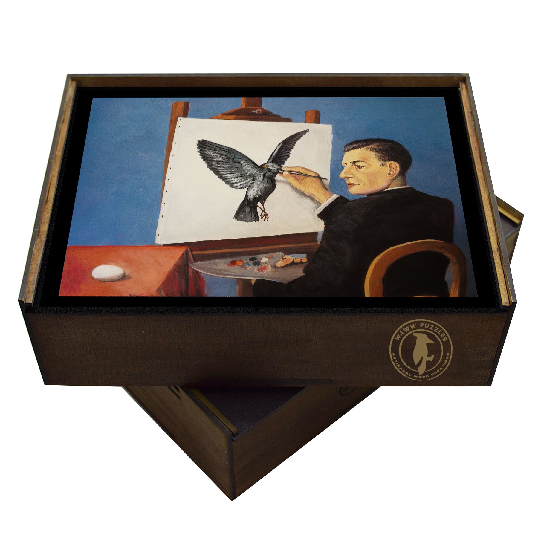 Wooden jigsaw puzzle box with Rene Magritte's La Clairvoyance puzzle - Surrealist art, unique gift - WAWW Puzzles
