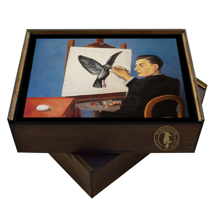 Wooden jigsaw puzzle box with Rene Magritte's La Clairvoyance puzzle - Surrealist art, unique gift - WAWW Puzzles