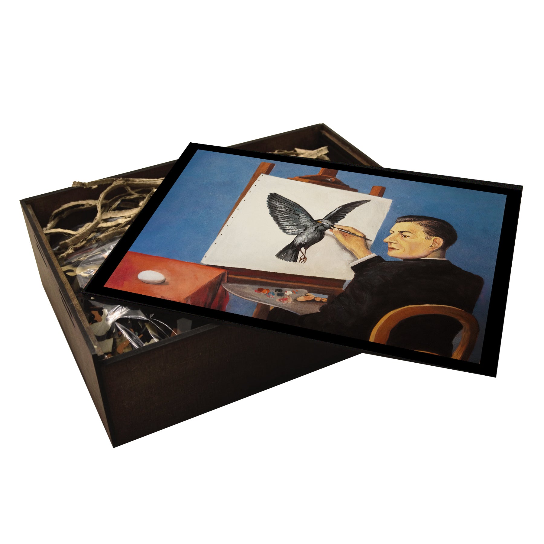 Wooden jigsaw puzzle box with Rene Magritte's La Clairvoyance puzzle - Surrealist art, unique gift - WAWW Puzzles