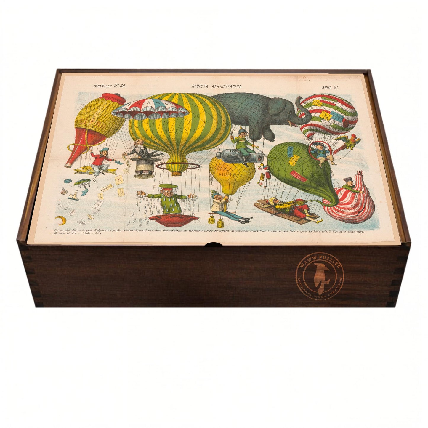 Crafted wooden puzzle box featuring colorful artwork of Rivista aerostatica.