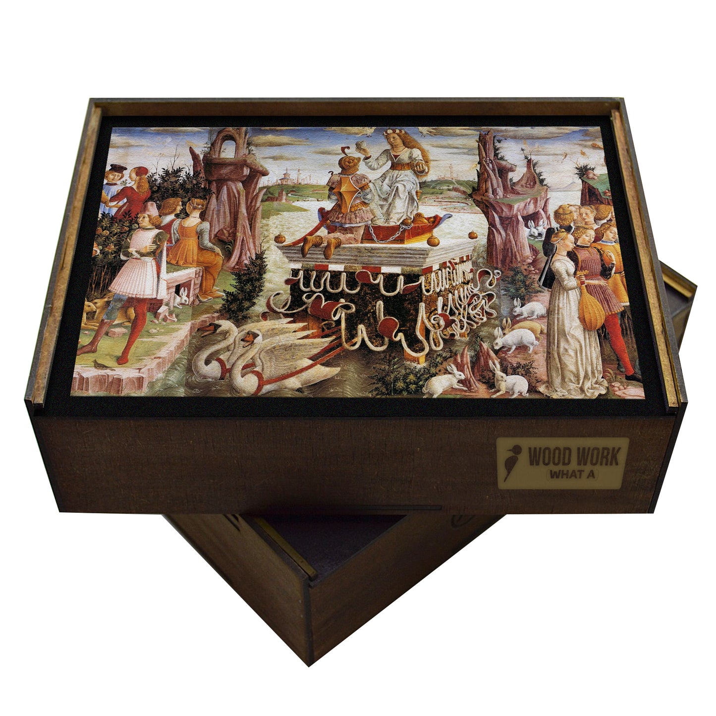 A Renaissance wooden jigsaw puzzle featuring Francesco del Cossa’s Triumph of Venus, depicting Venus on a chariot drawn by swans, surrounded by mythological figures, including the Three Graces, satyrs, and cupids, in a lively spring celebration.