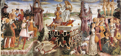 A Renaissance wooden jigsaw puzzle featuring Francesco del Cossa’s Triumph of Venus, depicting Venus on a chariot drawn by swans, surrounded by mythological figures, including the Three Graces, satyrs, and cupids, in a lively spring celebration.