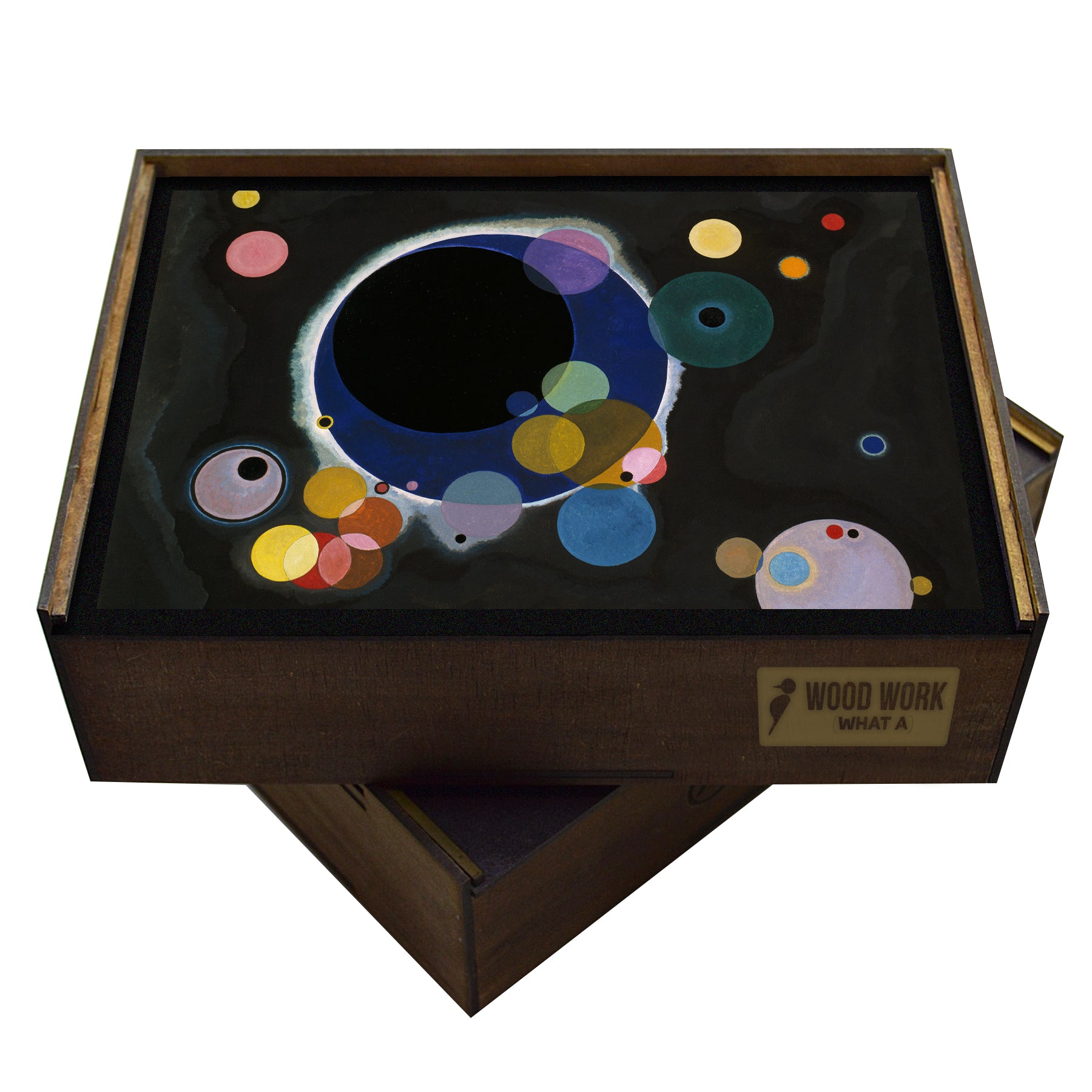 A high-quality wooden jigsaw puzzle of Wassily Kandinsky’s "Several Circles," featuring colorful orbs floating in a deep black space, creating a cosmic and abstract composition. Comes in a handmade wooden keepsake box.