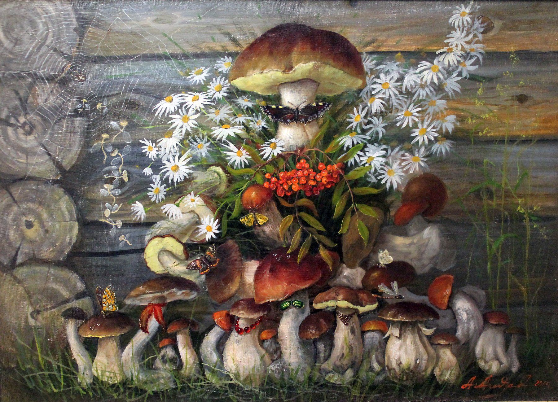 Wooden jigsaw puzzle featuring an artistic still life of mushrooms, daisies, berries, and butterflies against a rustic wooden background, crafted with eco-friendly materials for collectors and nature lovers.