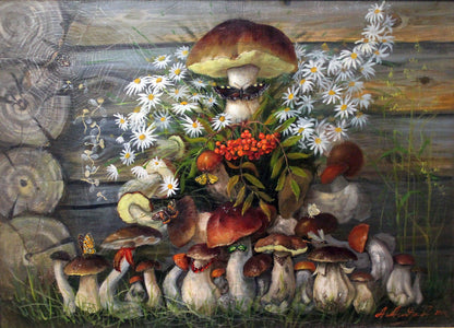 Wooden jigsaw puzzle featuring an artistic still life of mushrooms, daisies, berries, and butterflies against a rustic wooden background, crafted with eco-friendly materials for collectors and nature lovers.