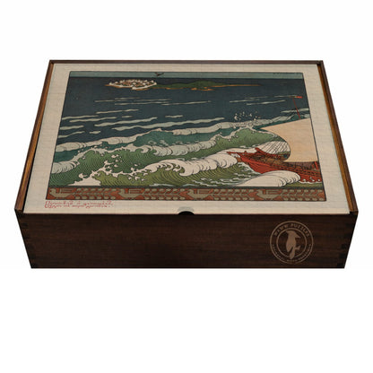 Wooden puzzle box featuring Bilibin's intricate coastal artwork illustration.
